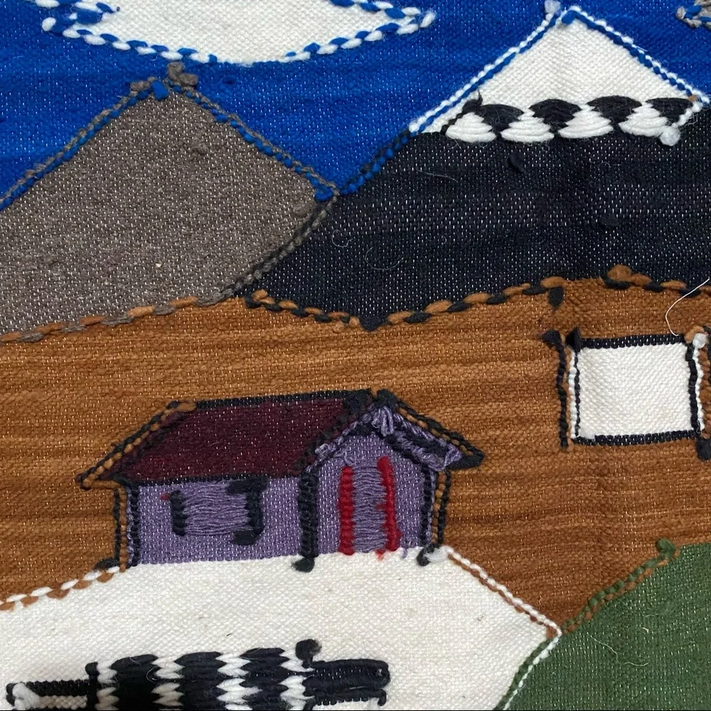 Vintage Blue Green Brown Mountain Village Tapestry